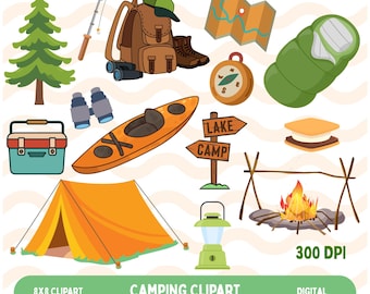 Pacchetto di clipart per campeggio / 14 immagini PNG a tema campeggio / Clip art di tenda, falò, escursionismo e attività all'aperto / Grafica per lavori creativi a tema natura / Download immediato