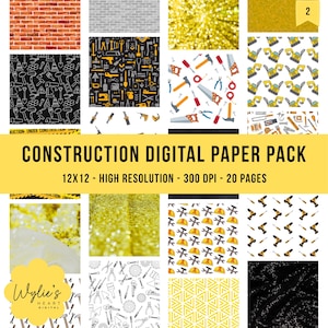Pacote de Papel Digital para Construção | 20 Papéis com Estampas de Construção | Papel para Scrapbook de Construção | Fundos com Caminhões e Ferramentas | Download Instantâneo