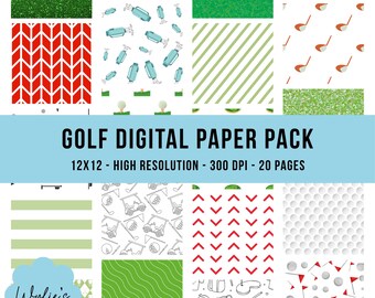 Golf Digital Paper Pack | 20 Golf Pattern Papers | Golf Scrapbook Paper | 12x12 | Sports Digital Backgrounds | Instant Download for Crafts