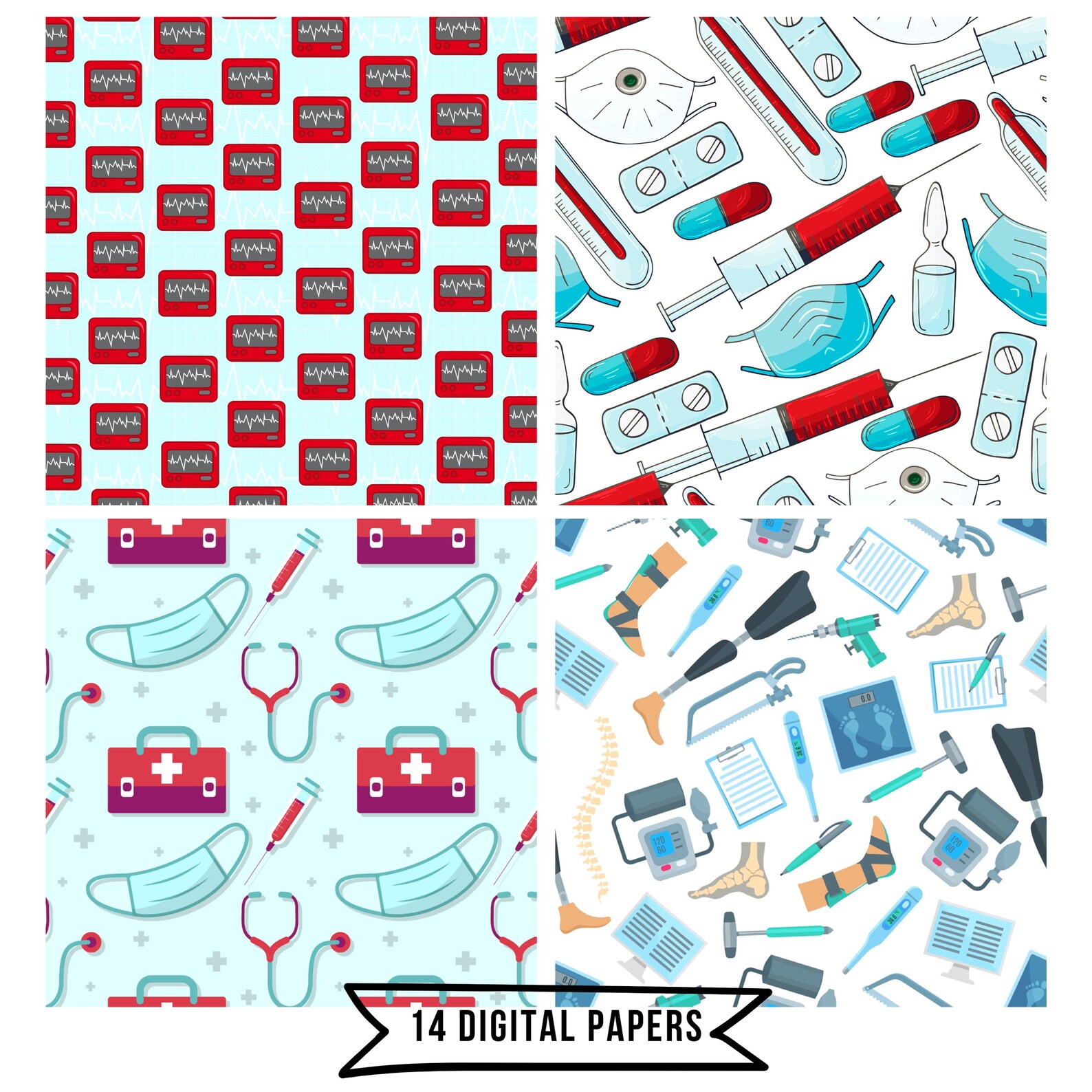 Medical & Nurse Digital Paper Pack: Seamless, 300 Dpi, 12x12 Scrapbook ...