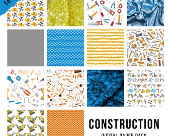 Construction Digital Paper Pack | 14 Construction Pattern Papers | Construction Scrapbook Paper | Truck & Tool Background | Instant Download