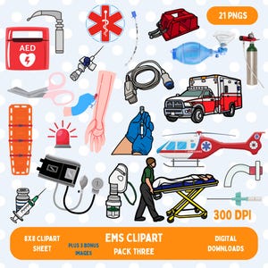 May include: A set of EMS clipart illustrations, including an AED, ambulance, helicopter, and medical equipment. The image features a red star of life symbol and text that reads "EMS Clipart Pack Three".
