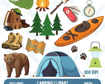 Pacchetto di clipart per campeggio / Grafica PNG per campeggio / 14 immagini / Tenda, falò, natura, ambiente selvaggio / Grafica per attività all'aperto / Download immediato