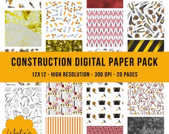 Construction Digital Paper Pack | 20 Construction Pattern Paper | Construction Scrapbook Paper | Truck & Tool Backgrounds | Instant Download