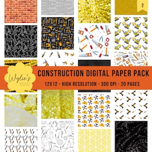 Construction Digital Paper Pack | 20 Construction Pattern Paper | Construction Scrapbook Paper | Truck & Tool Backgrounds | Instant Download