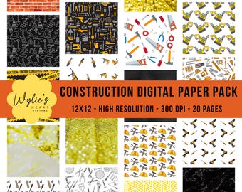 Construction Digital Paper Pack | 20 Construction Pattern Paper | Construction Scrapbook Paper | Truck & Tool Backgrounds | Instant Download