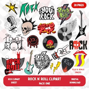 Pode incluir: Um conjunto de imagens clipart com tema rock and roll. Inclui guitarras, uma bateria, uma caveira, um disco de vinil e elementos de texto como "Rock" e "Rock and Roll". As cores são preto, branco, vermelho, amarelo e verde.
