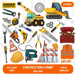 Puede incluir: Un conjunto de imágenes prediseñadas con temática de construcción, que incluye una grúa amarilla, una excavadora, una sierra, un taladro y una caja de herramientas. La imagen también presenta un casco, conos de tráfico y un chaleco de seguridad. Texto: "UNDER CONSTRUCTION".