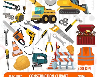 Construction Clipart Bundle | 30 Construction PNG Graphics | Construction Worker | Tools Clip Art | Kids Craft Graphics | Instant Download