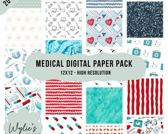 Paquete de papeles digitales para temas médicos y de enfermería: Papeles para álbumes de recortes de 12x12 pulgadas, 300 ppp, sin costuras (descarga digital)