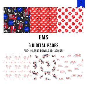 Puede incluir: Seis páginas digitales con patrones temáticos de servicios médicos de emergencia. Los diseños incluyen ambulancias, símbolos médicos y líneas de electrocardiograma en rojo, blanco y negro. También se ve el texto "EMS" y "6 DIGITAL PAGES".