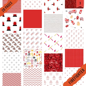 Può includere: Un collage di motivi e texture a tema pompiere. Include immagini di autopompe, asce, idranti ed estintori. I testi "20 PAGES" e "FIREFIGHTER" sono visibili. La tavolozza dei colori è rosso, bianco e nero.
