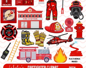 Firefighter Clipart Bundle | 30 Firefighter PNG Graphics | Fire Truck Clip Art | First Responder Craft Graphics | Instant Download