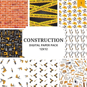 Pode incluir: Um pacote de papel digital com padrões com tema de construção. Inclui tijolos, fita de precaução e ilustrações de ferramentas. O texto diz "CONSTRUCTION DIGITAL PAPER PACK 12X12".