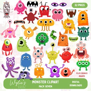 May include: A collection of colorful monster clip art images. The illustrations feature various shapes, sizes, and colors, including red, pink, orange, green, and purple. The text reads "MONSTER CLIPART PACK SEVEN" and "PLUS 8 BONUS IMAGES".