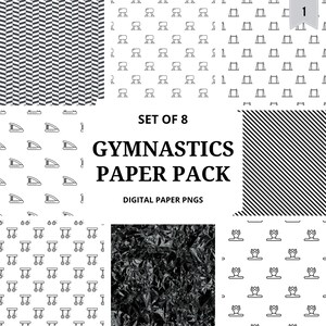 Pode incluir: Um pacote de papel digital com oito padrões diferentes, incluindo equipamentos de ginástica, designs geométricos e uma textura amassada. O texto diz "SET OF 8 GYMNASTICS PAPER PACK DIGITAL PAPER PNGS."