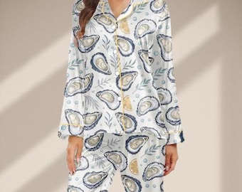 Oyster Print Satin Pajama Set | Coastal Ocean Theme Sleepwear for Seafood Lovers