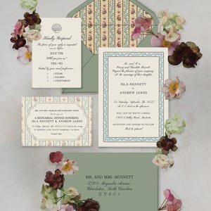 May include: An invitation suite with floral accents. The suite includes a main invitation, RSVP card, rehearsal dinner card, and an envelope. The design features a floral pattern and elegant typography. The RSVP card includes meal options. The suite is for a wedding.