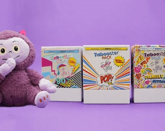 Tabooster Party Pack – 3 Expansion Card Decks & Taboo Bob Plush Bundle