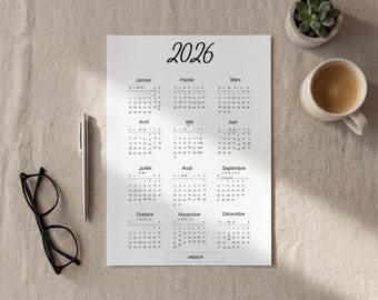 Calendario imprimible de una página 2026 | Calendario PDF 2026 | Resumen del año | FR EN | Planificador minimalista