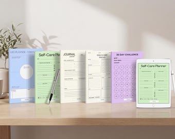 Paquete de superación personal: planificador de autocuidado, diario de gratitud, registro de hábitos, tablero de visión, reto de 30 días | Imprimible y digital