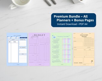 Daily Planner Printable PDF Premium | Budget, Habit, Cleaning & Goal Planner | Digital Planner GoodNotes | Planner FR EN