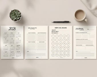 Planificador completo 2026: Calendario, Diario de gratitud, Mis metas, Reto de 30 días | Beige y 5 colores
