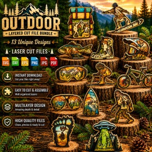 Puede incluir: Un gráfico digital que muestra un paquete de 13 archivos de corte láser con temática al aire libre. La imagen presenta recortes de madera en capas de una mochila, snowboarder, pez, bota, casco, gafas, bicicleta, esquiador, gafas de sol y un OVNI.