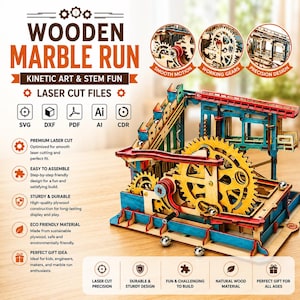 Träkulbana 3D-laserskärfil | Mekanisk kulmaskin STEM-kit för Glowforge Xtool CNC | Svg Dxf Pdf