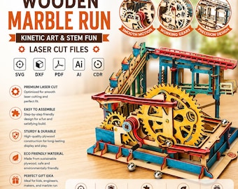 Wooden Marble Run 3D Laser Cut File | Mechanical Marble Machine STEM Kit for Glowforge Xtool CNC | Svg Dxf Pdf