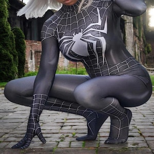 Halloween Venom Symbiote Costume for Adults - Black Raimi Spider Cosplay Suit - Full Zentai Bodysuit Jumpsuit for Women and Girls