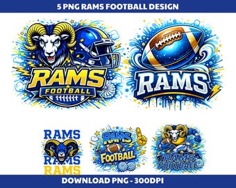 Pakiet PNG z motywem futbolu amerykańskiego Rams, 5 projektów maskotek, clipart Rams, koszulka meczowa PNG, cyfrowe pobieranie retro sportu