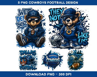 May include: Five digital designs featuring the Dallas Cowboys football team. The designs include illustrations of a bear wearing a Cowboys cap and jersey, footballs, and helmets. Text includes "We Dem Boyz", "They Not", and "Dallas Football".