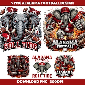 Pode incluir: Uma coleção de cinco designs digitais com a equipa de futebol americano Alabama Crimson Tide. Os designs incluem uma mascote de elefante com bolas de futebol, capacetes e os textos "Roll Tide" e "Alabama Football" em vermelho e branco. Os designs estão em formato PNG.