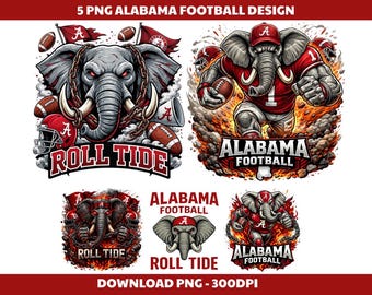 Alabama football png bundle 5 designs, elephant mascot football clipart roll tide instant download 300 dpi