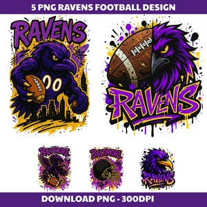 Könnte beinhalten: Fünf PNG-Designs mit dem Footballteam Baltimore Ravens. Die Designs umfassen einen lila Raben, der einen Football hält, einen Raben mit einem Football und dem Wort "Ravens" sowie drei weitere Designs mit dem Wort "Baltimore". Die Designs sind in Lila, Schwarz und Gold gehalten.