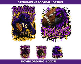 Paquete de 5 diseños de fútbol americano de los Ravens, imágenes prediseñadas de la mascota de los Ravens, descarga instantánea, PNG transparente de 300 dpi