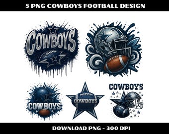 May include: Five digital designs featuring the Dallas Cowboys football team. Each design includes the word "Cowboys", a football, and a star. One design shows a helmet and football. The designs are in shades of blue, white, and brown.