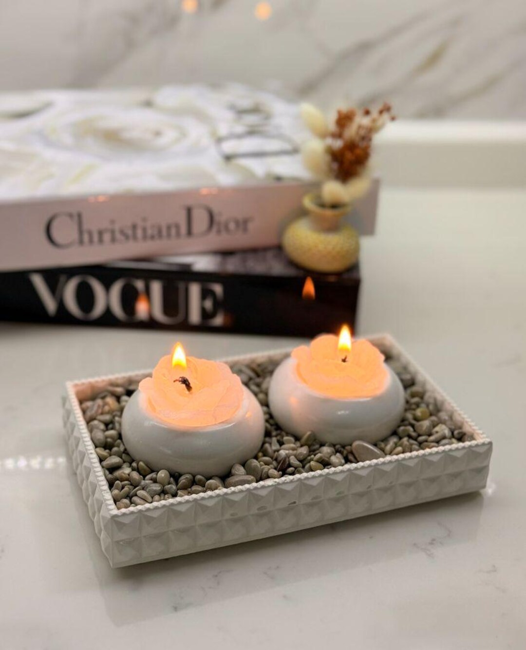 Handmade Stone Powder Candle Holder With Base Tray – Rustic Decorative ...