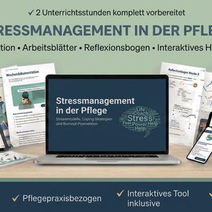 Könnte beinhalten: Ein digitales Unterrichtspaket zum Stressmanagement in der Pflege, bestehend aus Laptop, Tablets und Smartphone, die Kursmaterialien, Arbeitsblätter und Reflexionsbögen mit dem Text Stressmanagement in der Pflege zeigen.