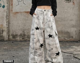 Baggy Cargo Pants | Star Print Trousers | Daily Wear | Streetwear Style Aesthetic