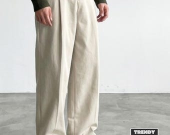 Luźne, dopasowane spodnie męskie | Szerokie, proste spodnie casualowe | Koreański, czysty krój, odzież uliczna