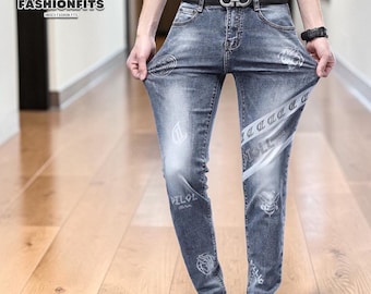 Jeansy Skinny z haftem | Spodnie z nadrukiem i dopasowanym krojem | Codzienne ubrania | Styl uliczny Y2K