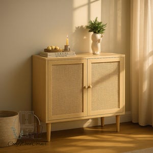 Mid Century Modern 2 Door Wooden Cabinet with Rattan Door & Adjustable Shelf, Small Space Storage Furniture, Living Room Sideboard Design