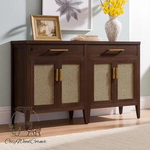 Set of 2 Rustic Modern Wooden Storage Cabinets with Rattan Doors & Drawer, Handmade Sideboards, Entryway Console, Living Room Furniture