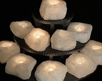 MYSTICAL QUARTZ Tea Light Candle Holders Natural Chunky Rough Rocks 29 dollars each at Gothic Rose Antiques