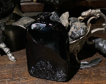 Antique Black Glass Coffin Bottle Boudoir Vanity Scent Bottle