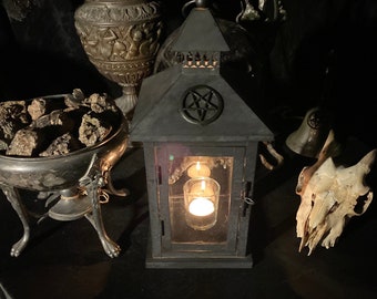 GOTHIC BLACK LANTERN with added Pentagram - 13" Tin Candle Lantern Pre-owned Witch Cottage Decor