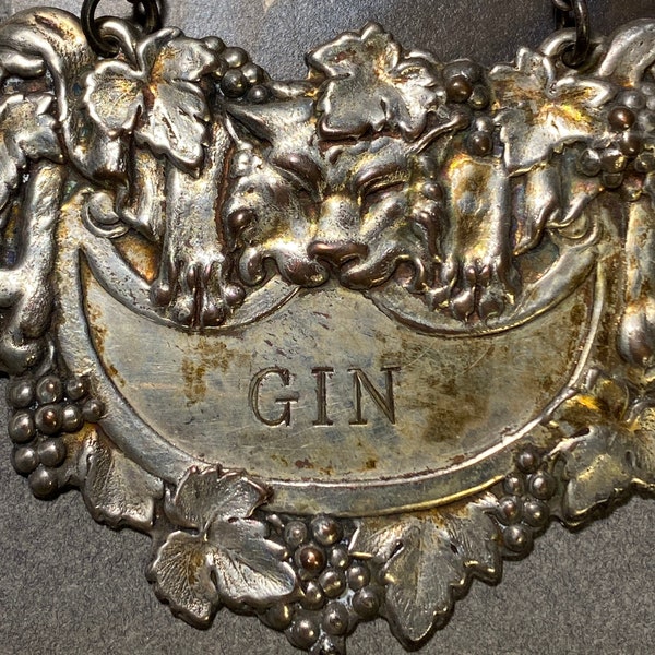 Antique Silver Fox Head Gin Bottle Label Ormolu Pendant made in England Hallmarked