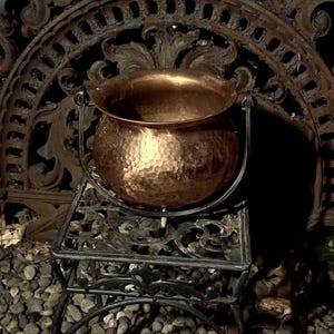 Vintage COPPER CAULDRON with Twisted Iron Handle and Brass Legs - Great Old Medium Size Pot Belly Witchcraft Kettle